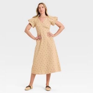 NWT Universal thread size Medium Elegant Tan Puff Sleeve midi Dress